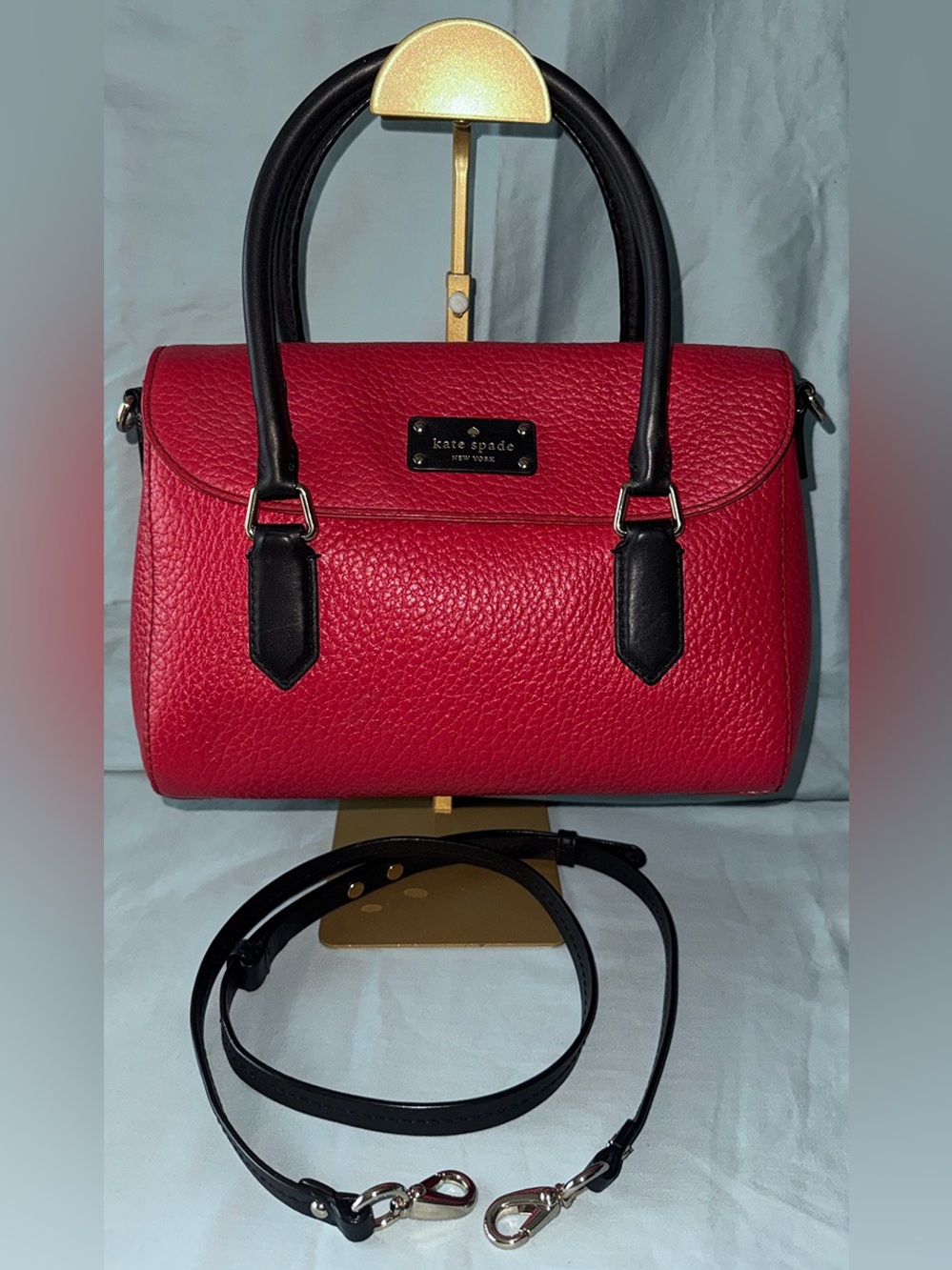 kate spade Red Pebbled Leather Satchel with Black Handles & Strap - Picture 2 of 13